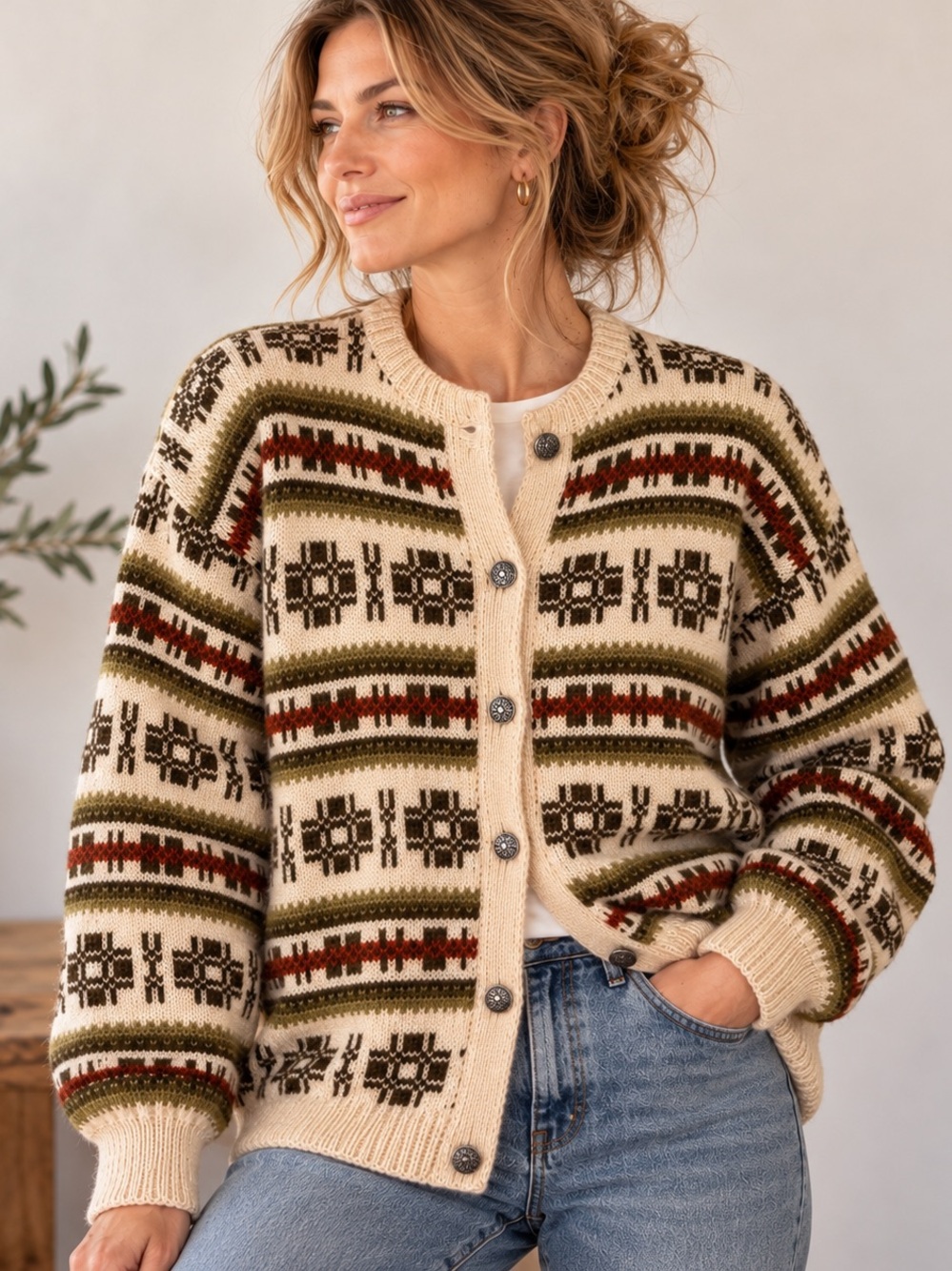Vintage Grandpacore Fair Isle Heavy Wool Cardigan